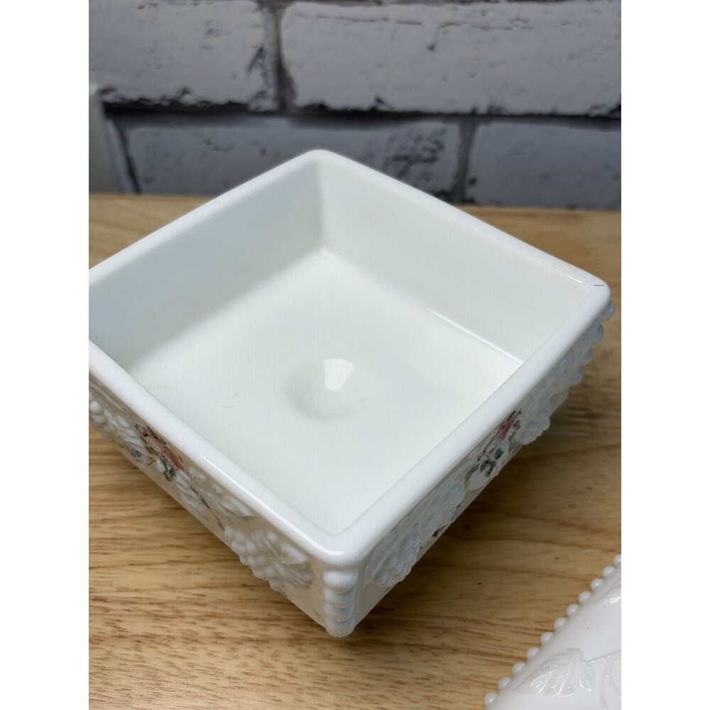 Westmoreland Milk Glass Candy Dish Lidded Paneled Grape Painted Flowers Footed - Picture 7 of 13